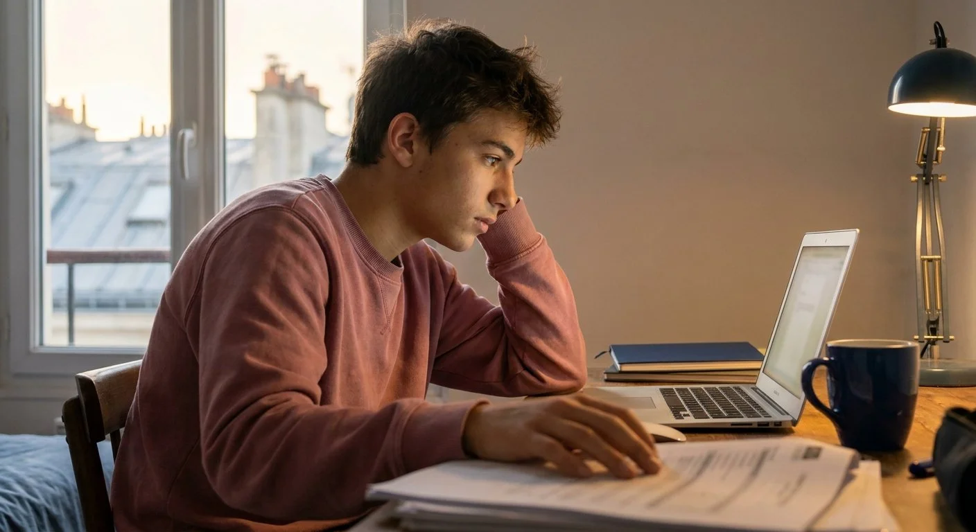 Lycéen à son bureau qui prépare son dossier Parcoursup avec ses bulletins et son ordinateur