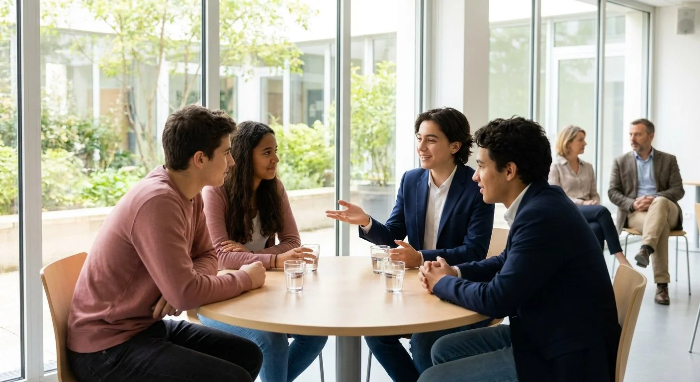 Lycéens en entretien collaboratif autour d'une table, observés par deux membres du jury
