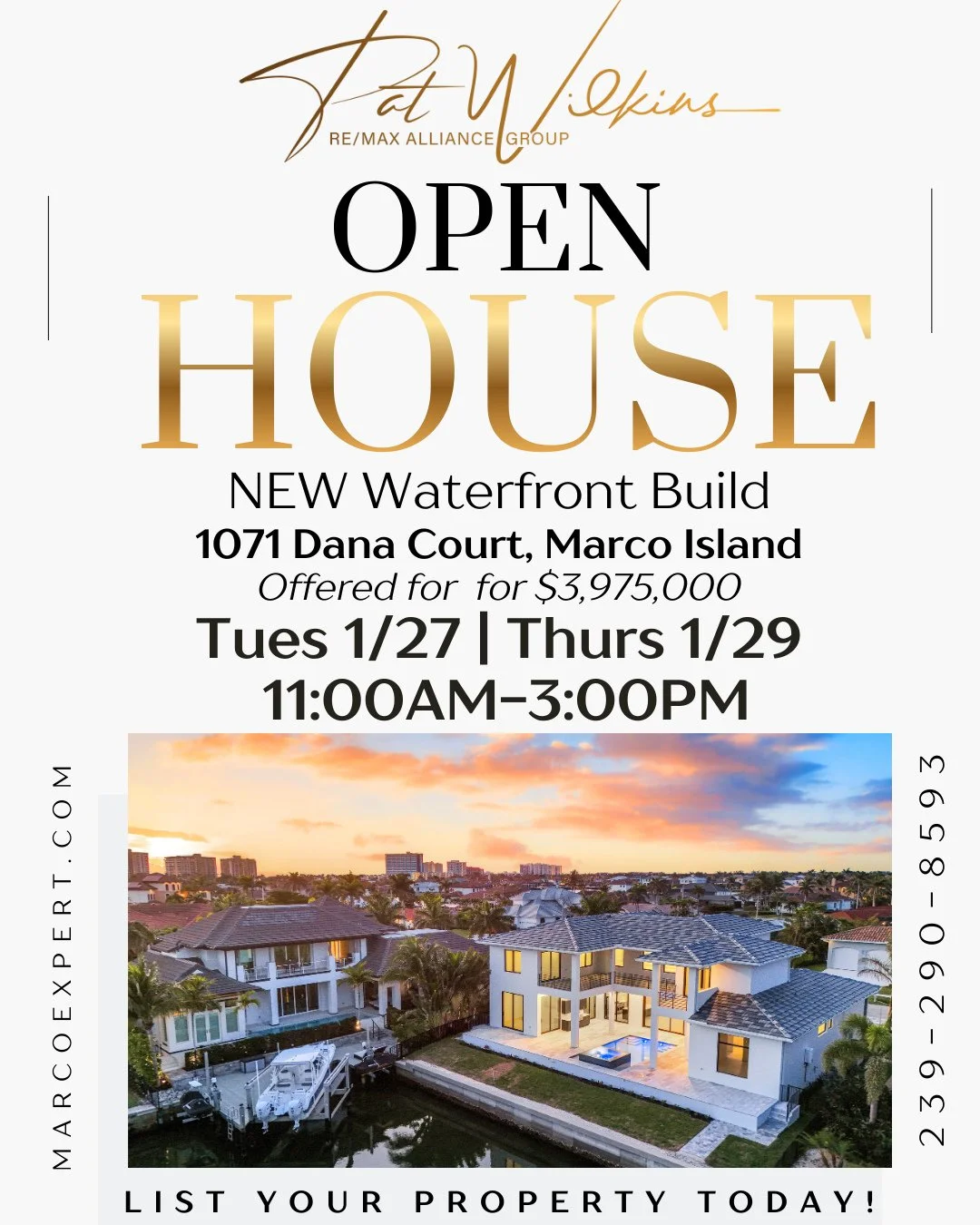 Pat Wilkins Presents | 1071 Dana Court, Marco Island, FL⁠
📅 Tuesday 1/27 &amp; Thursday 1/29⁠
🕚 11:00 AM &ndash; 3:00 PM⁠
💰 Offered at $3,975,000⁠
⁠
This is the one buyers wait for. Brand-new modern coastal luxury on the water&mdash;at a price poi