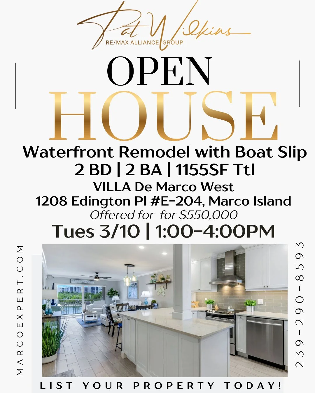 OPEN HOUSE | Tuesday 3/10 | 1&ndash;4 PM⁠
⁠
Waterfront living in the heart of Olde Marco⁠
1208 Edington Pl #E-204 | Villa De Marco West⁠
⁠
Remodeled corner residence with coastal design, extra natural light, and boat slip included. Enjoy water-direct