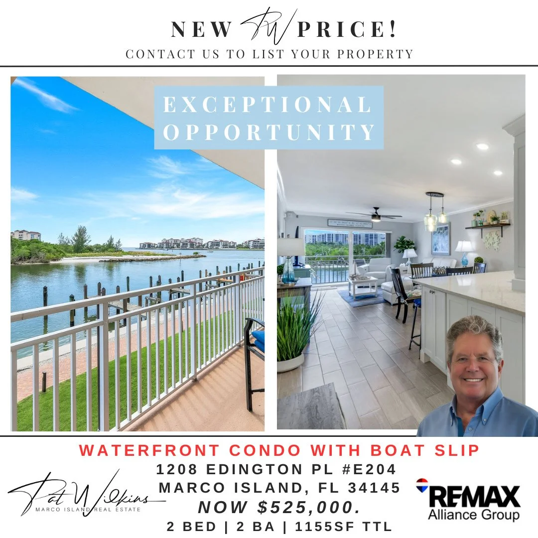 🌊 New Price | $525K⁠
⁠
Remodeled 2BR/2BA waterfront condo with boat slip in Ville de Marco West near Olde Marco Village. Second-floor coastal retreat with wide water views, water-direct boating (no bridges) to the Gulf, and incredible wildlife just 