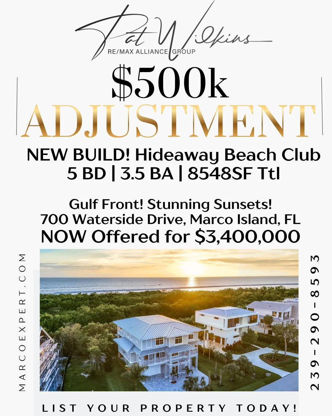 $500,000 PRICE REDUCTION | NOW $3,400,000⁠
⁠
New build. Gulf-front. Stunning sunsets.⁠
5 Bed | 3.5 Bath | 8,548 Total SF.⁠
⁠
Private gated exclusive community of Hideaway Beach Club.⁠
Over 2.5 miles of beach.⁠
Brand-new $30M fitness and wellness cent