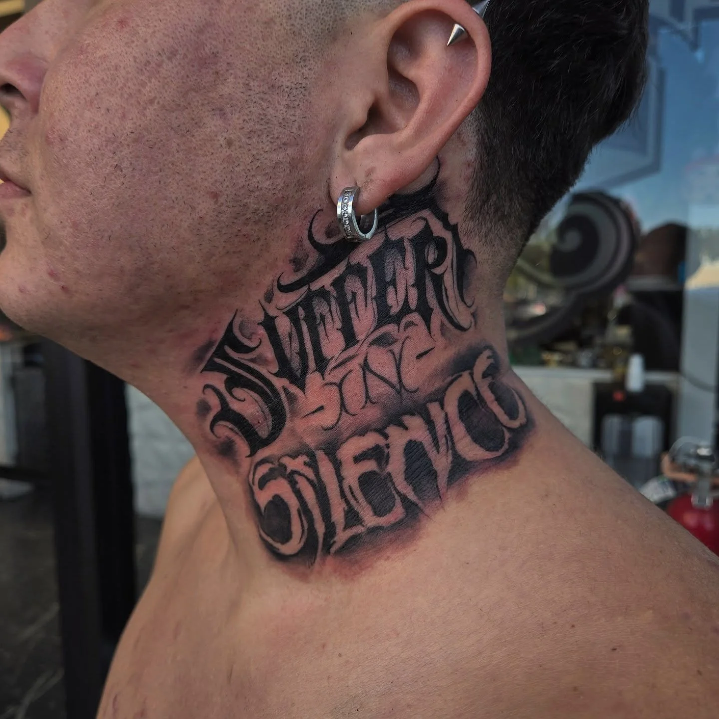 &quot;Suffer in Silence&quot; to fill in the side of the neck. Thanks again Josh for coming down. Last time I tattooed him was around 10 years ago. Time is flying!

I have a couple open spots this week and more throughout the month, dm me here or ema