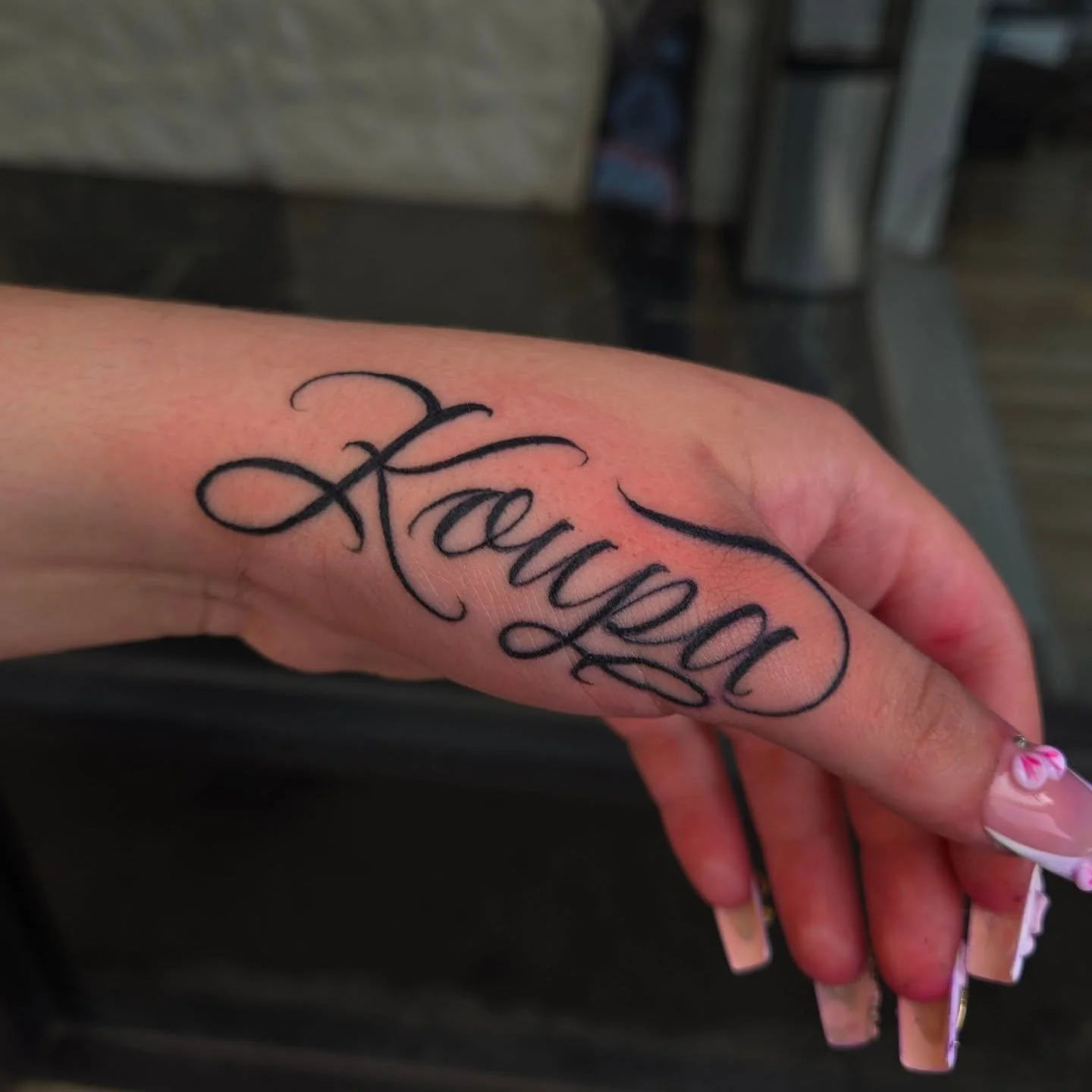 Some script on the side of the hand ✒️

Always booking appointments, dm me here or email me to book your next tattoo Aaron@diaztattoos.com 
Lettering or black and grey tattoos.