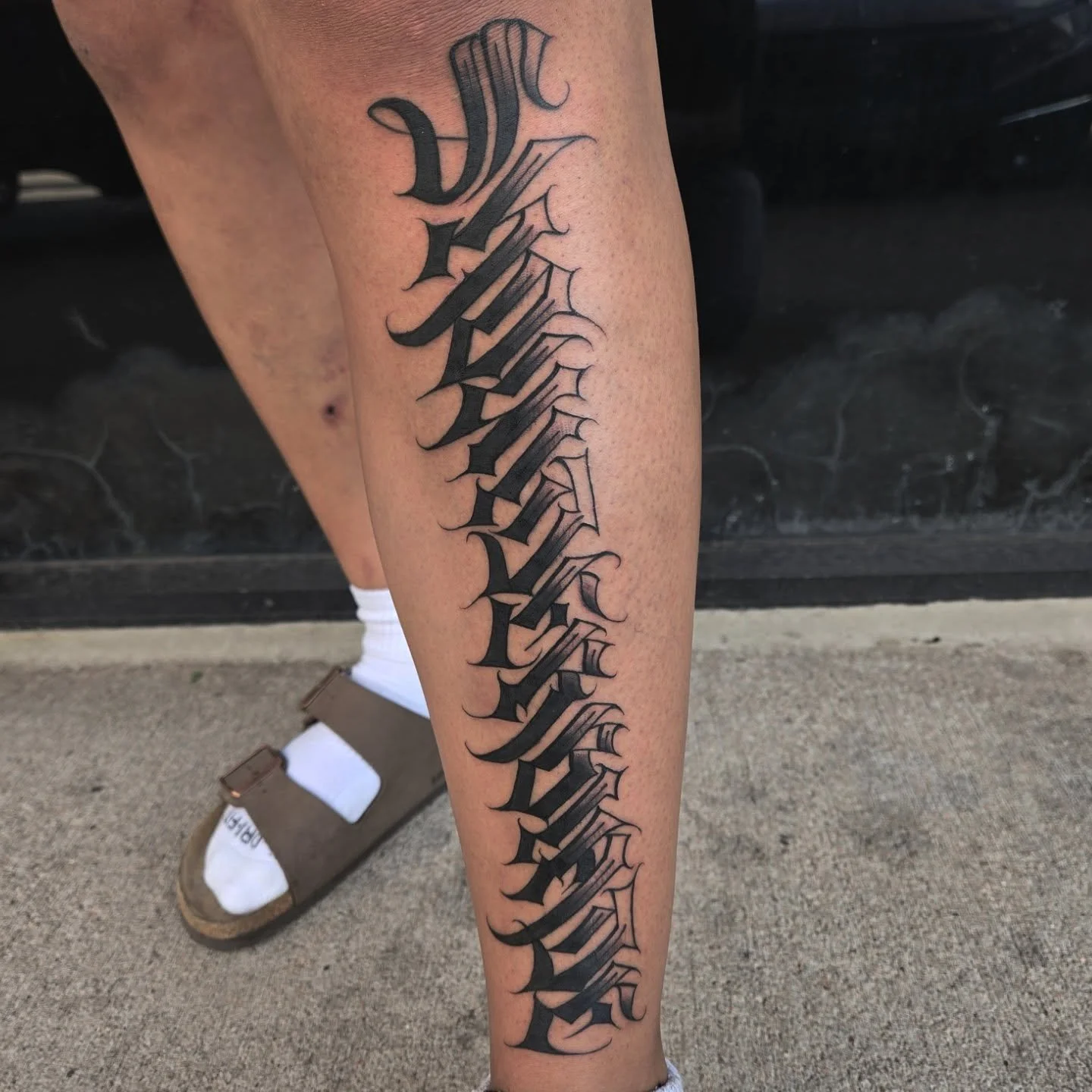 Probably one of the coolest last names I've tattooed. &quot;Shoulderblade&quot; going down the shin. Its always awesome when clients give me alot of creative freedom for the drawing process. I have some openings left this month and booking October, d