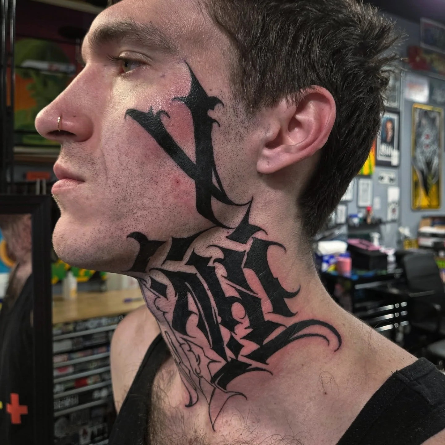 First session on this full neck and partial face piece. Probably one of the hardest tattoos I've done in a while but we're getting there. One more session to finish it up. 
I have an opening for this friday at 11 and a couple openings next week. Dm m