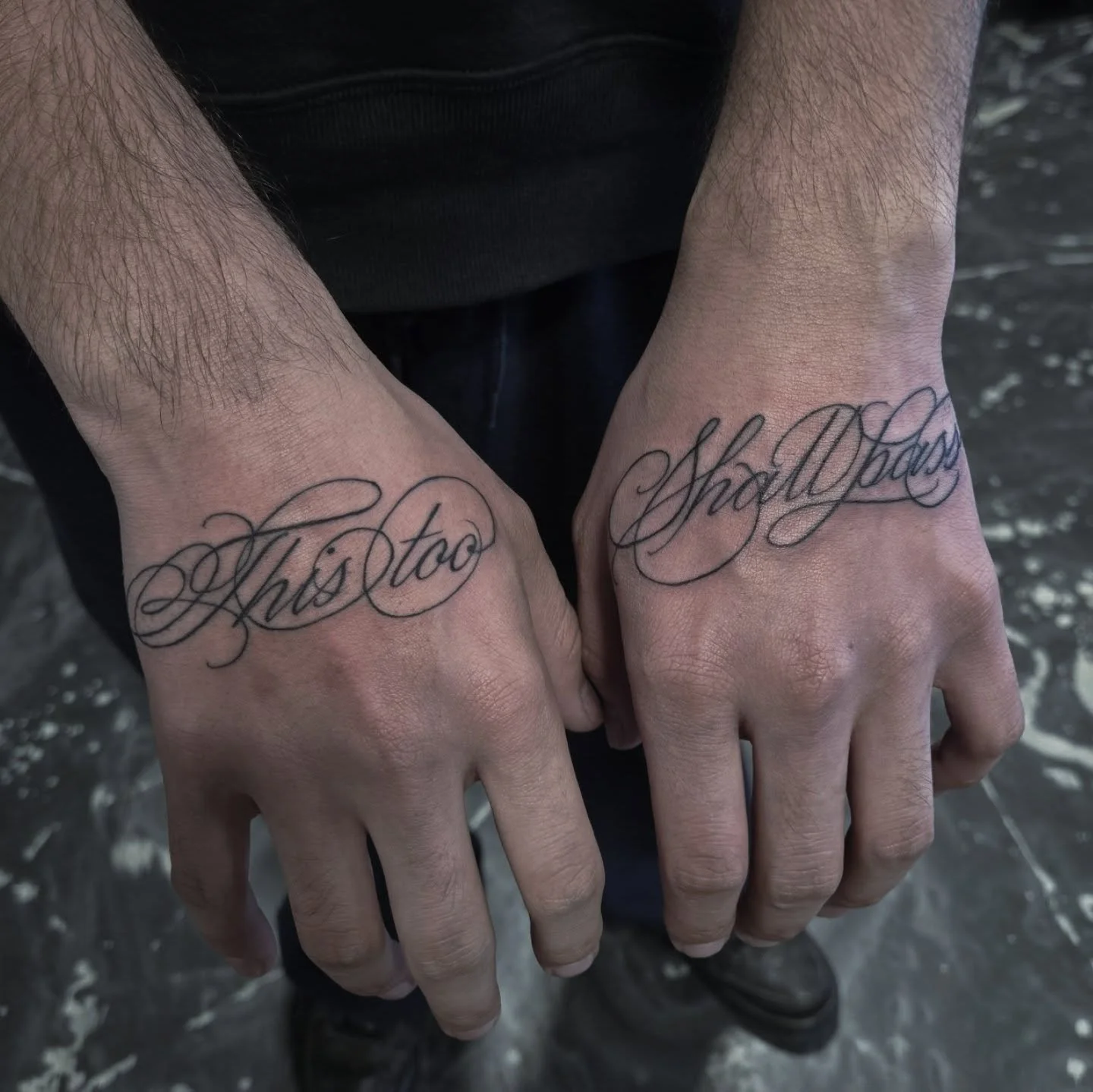 "This too Shall pass" across the hands. Had alot of fun doing this style of script and im always down to do more like it!
Im booking December and January dm me here or email me at Aaron@diaztattoos.com to book your next tattoo!