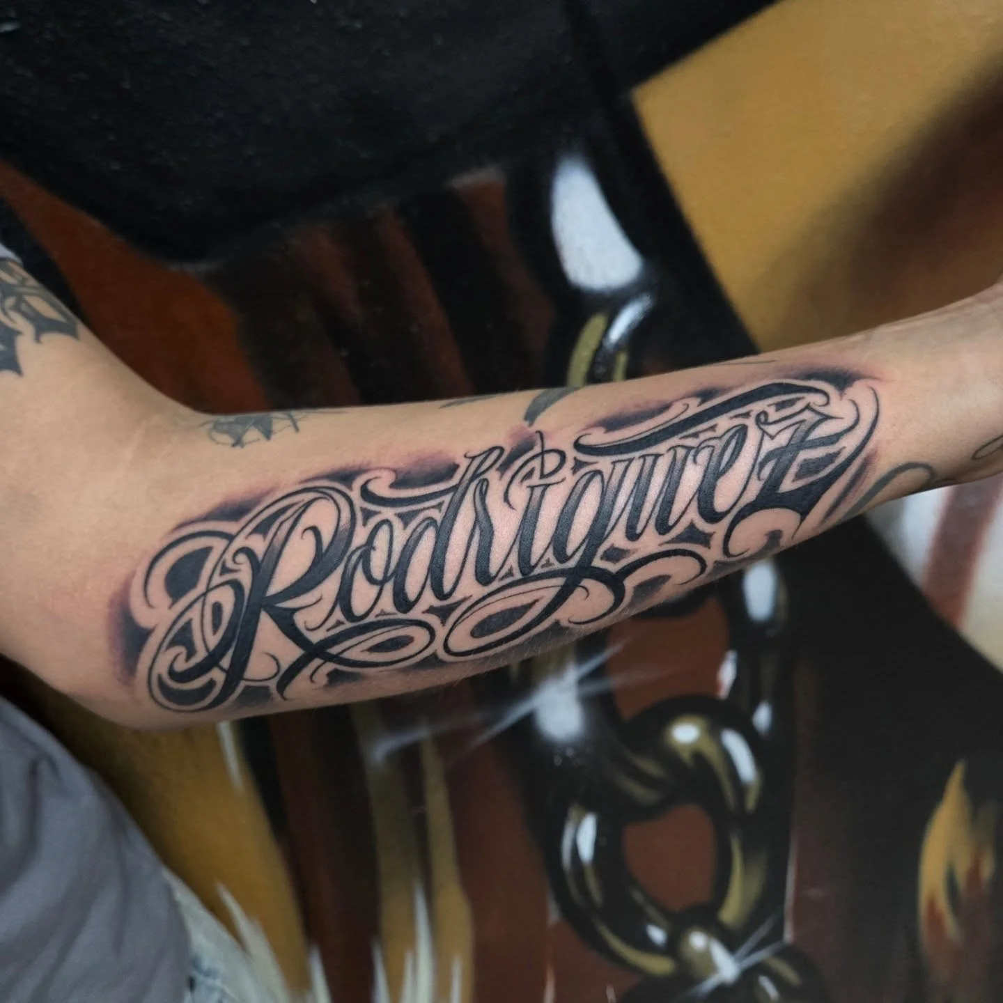 "Rodriguez" 
Im booking march, dm me here or email me at Aaron@diaztattoos.com to book your next tattoo