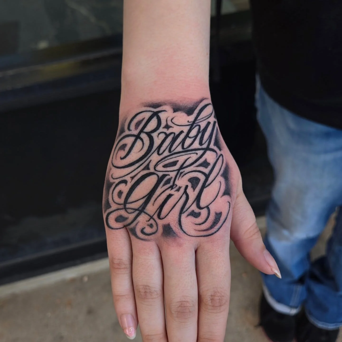 "Baby Girl" hand tattoo I did yesterday. 
I have some openings next week and the following, dm me or email me at Aaron@diaztattoos.com to book an appointment.