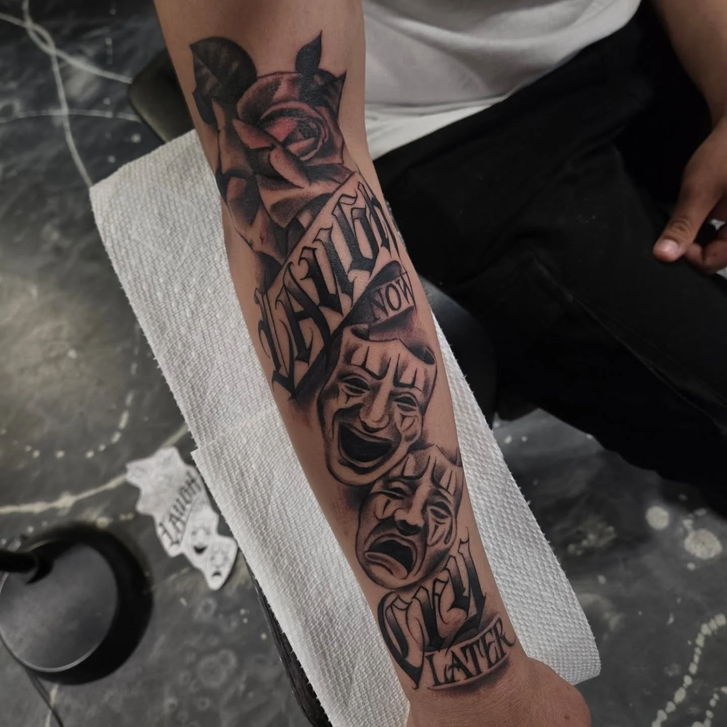 "Laugh Now Cry Later" forearm piece for my boy @koby_beef_bjj 🤘🏼 he sat for like 6 hours on his first tattoo... cant wait to add around it. 

Im always booking appointments, black and grey lettering or color i do it all, dm me here or ema