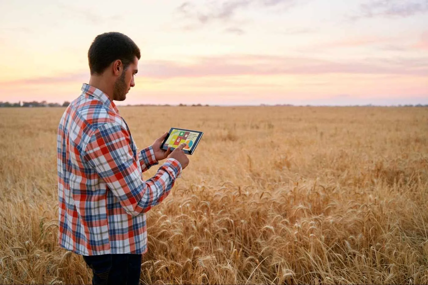 A producer in a plaid shirt standing in a wheat field at sunset, using a tablet with a data dashboard to track temperature trends and monitor grain storage conditions for early risk detection.