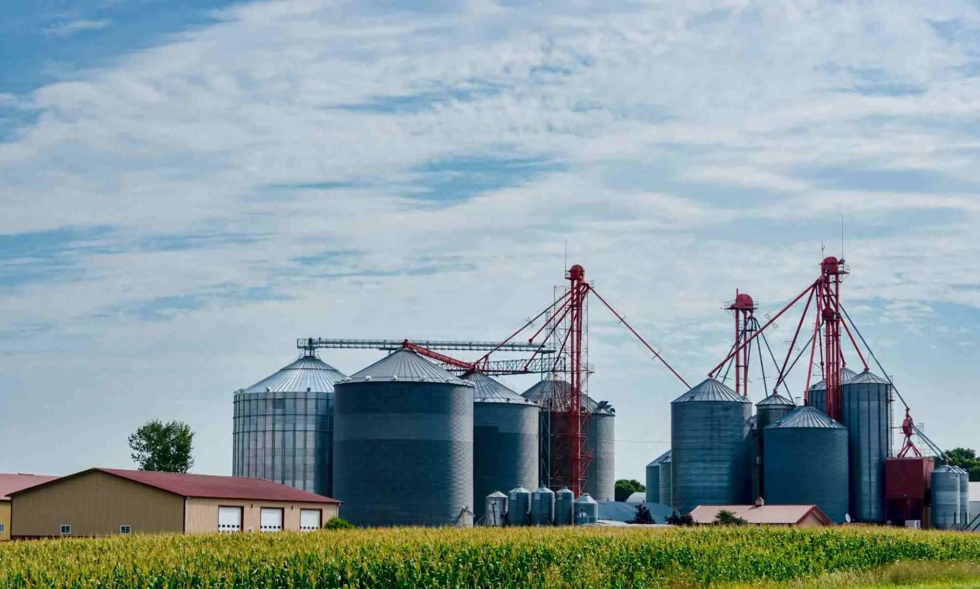 Grain handling ROI represented by an integrated grain storage and handling system with multiple grain bins and conveyors.