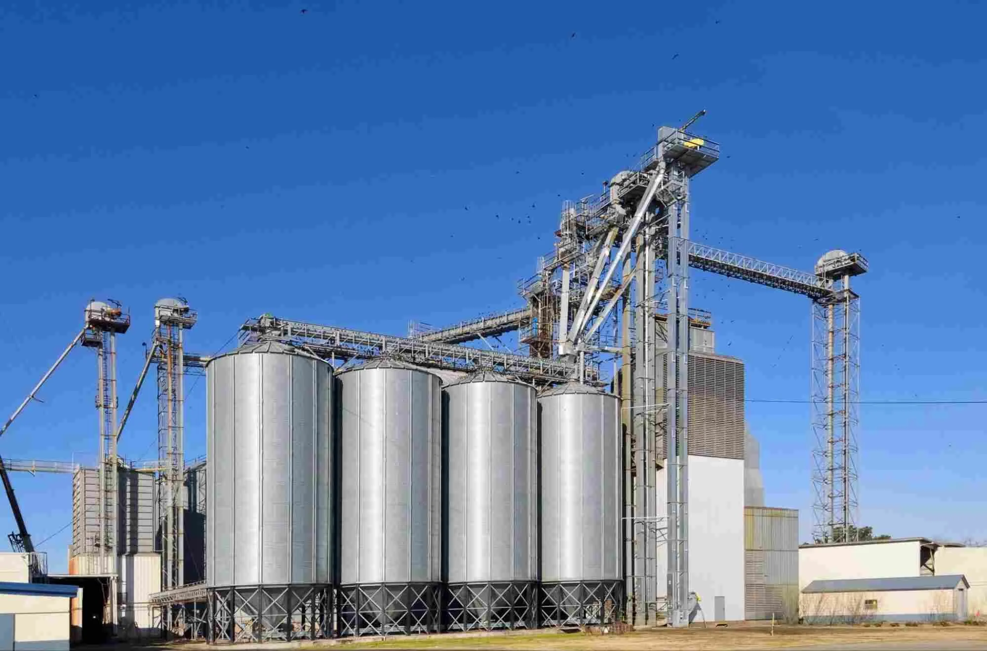 Grain bin buying guide featuring large grain storage bins and an integrated grain handling system.