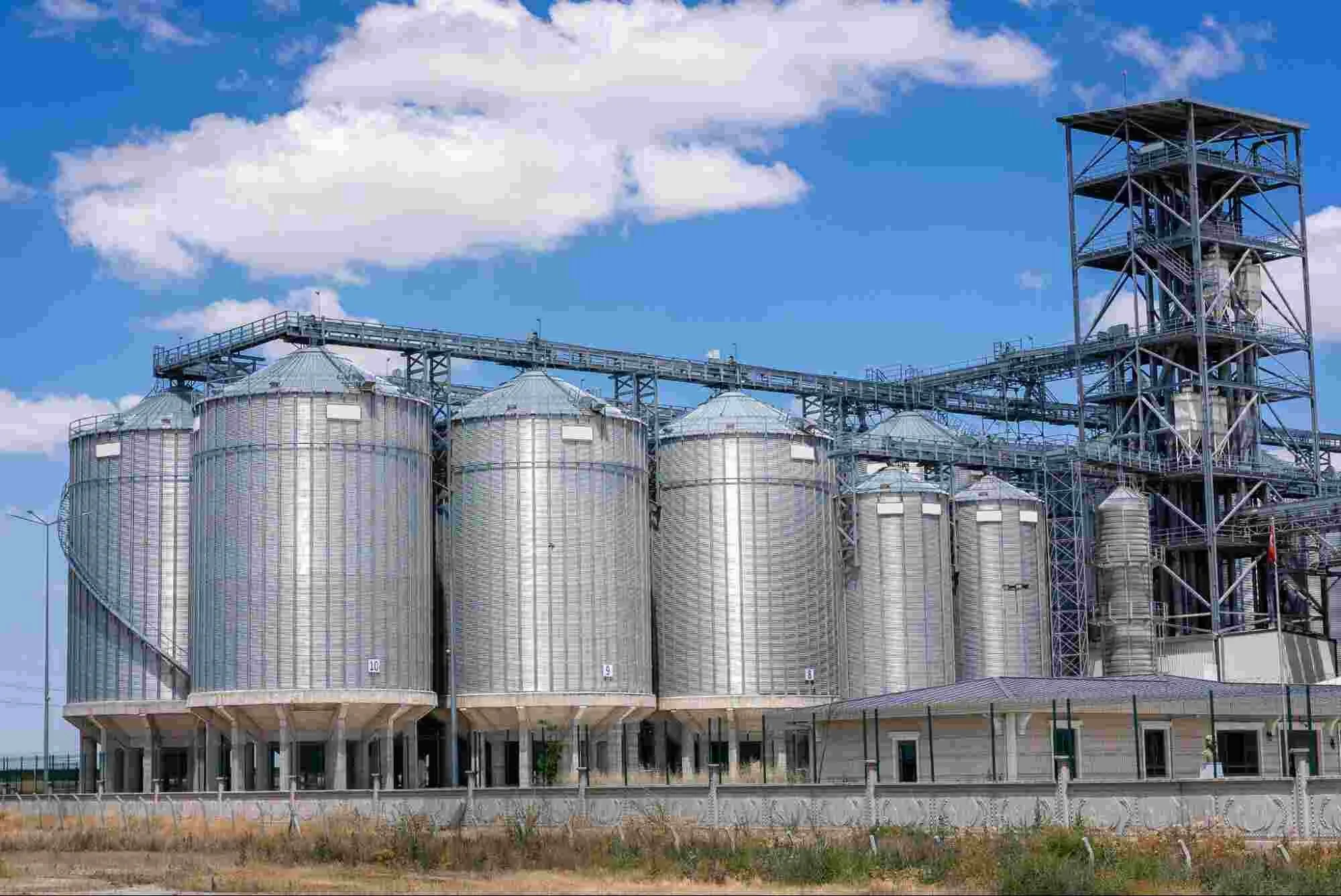 Commercial grain storage silos connected by integrated grain handling infrastructure, commonly used for high-capacity grain storage and continuous grain movement operations.