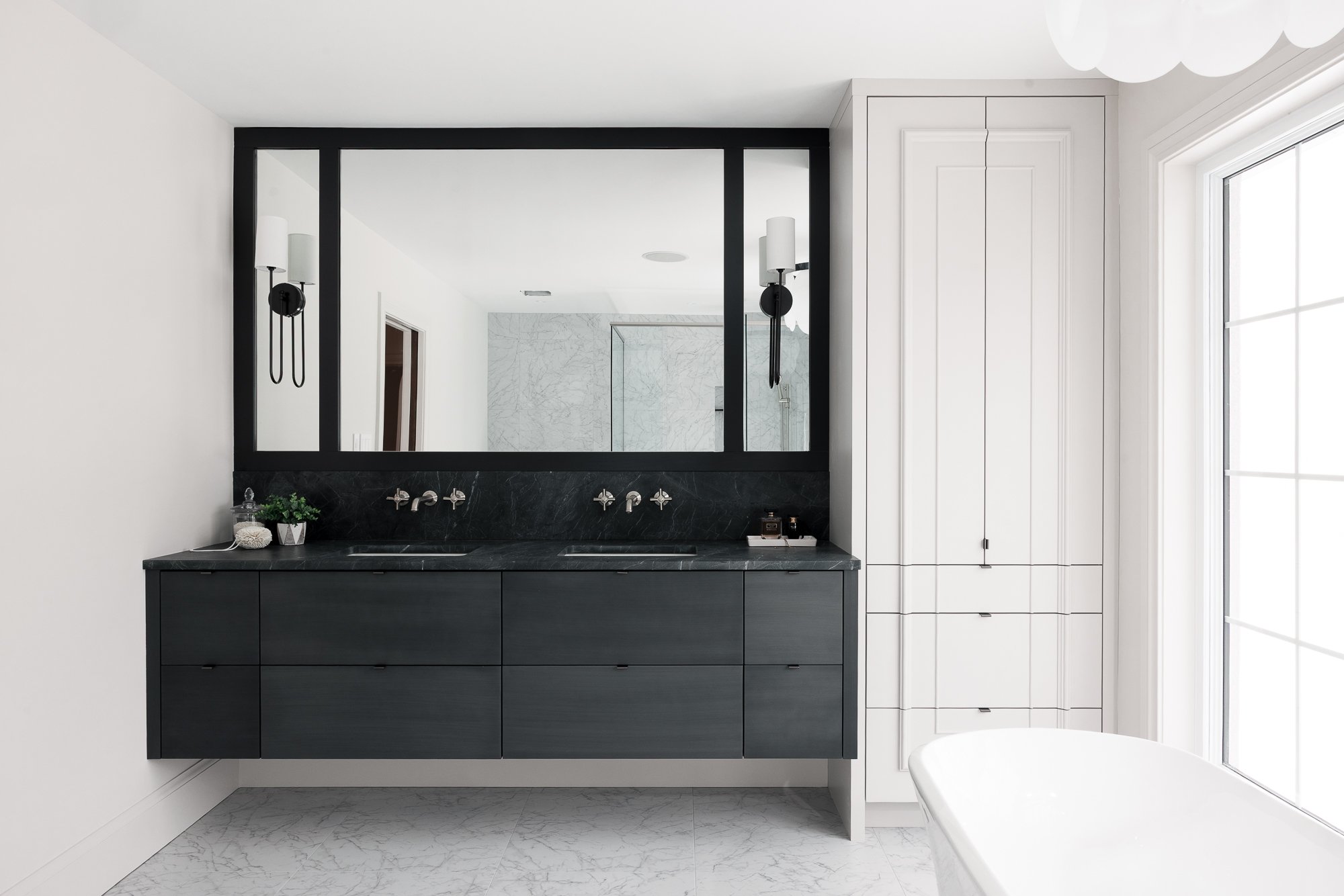 Thames Centre - Waubuno - Renovation - Elegant - Luxury - Powder Room - Colour Drenching - Color Drenching - Custom Cabinetry - Natural Stone - Wall Mounted Faucet