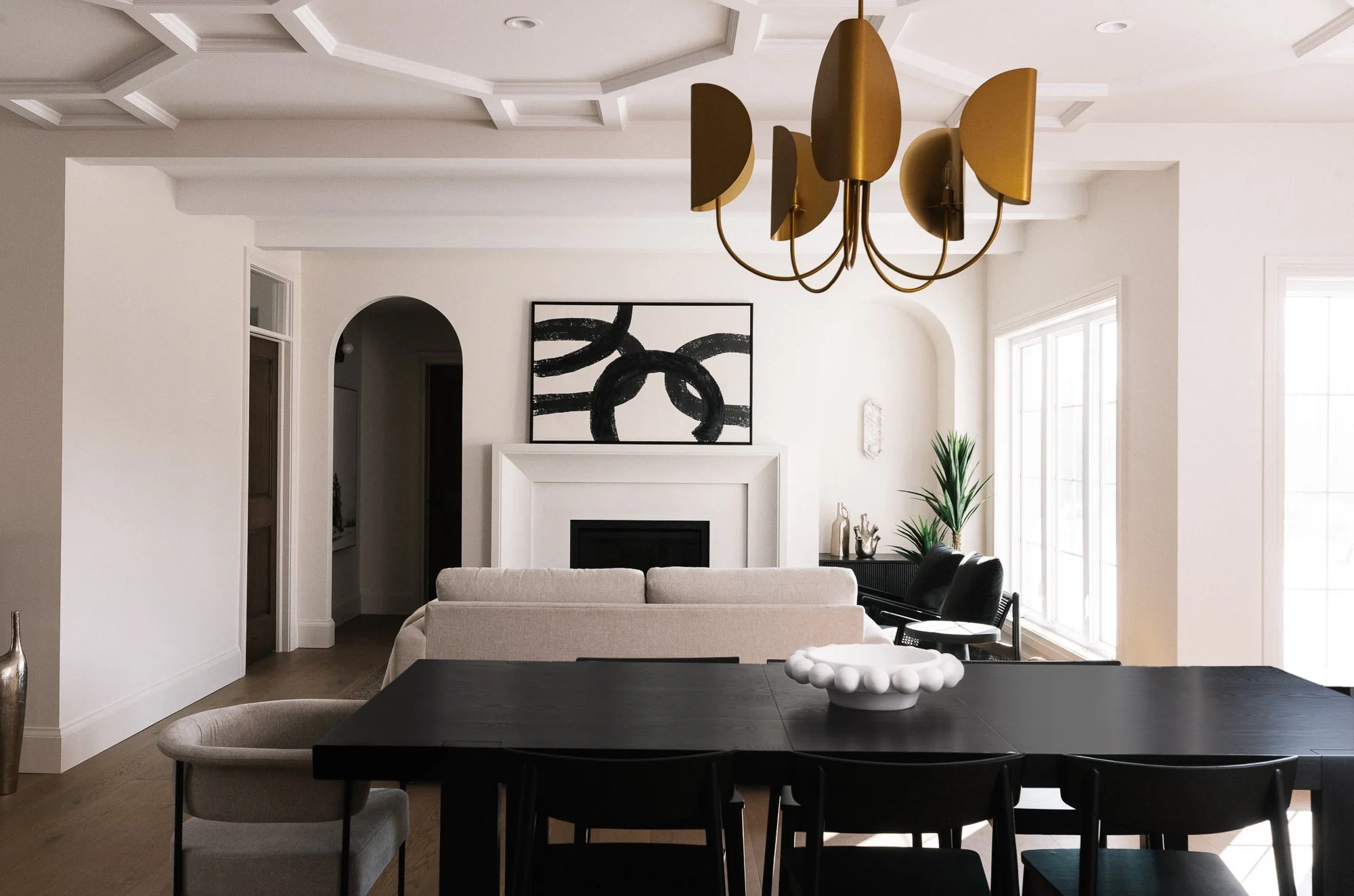 Thames Centre - Waubuno - Renovation - Elegant - Luxury - Dining - Coffered Ceiling - Custom Cabinetry - Full Height Living Room - Arched Doorways