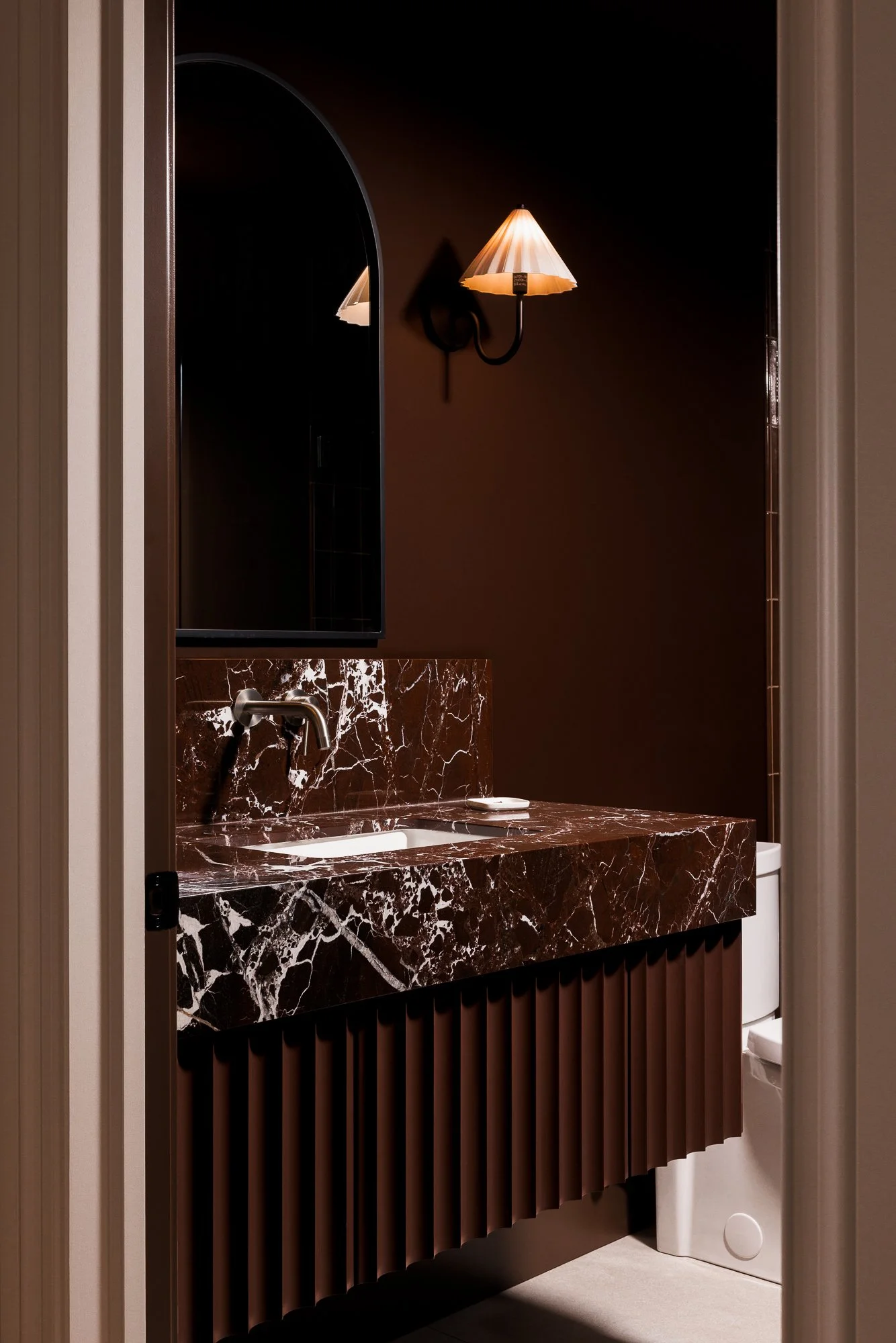 Thames Centre - Waubuno - Renovation - Elegant - Luxury - Powder Room - Colour Drenching - Color Drenching - Custom Cabinetry - Natural Stone - Wall Mounted Faucet