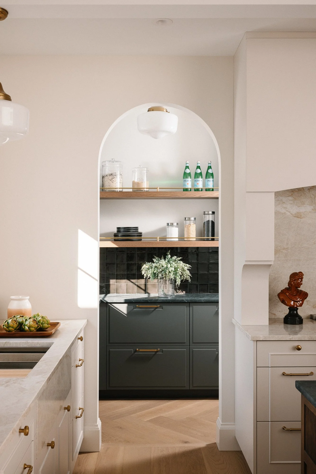 Thames Centre - Waubuno - Renovation - Elegant - Luxury -Pantry - Kitchen - Coffered Ceiling - Custom Cabinetry - Full Height backsplash - Arched Doorways