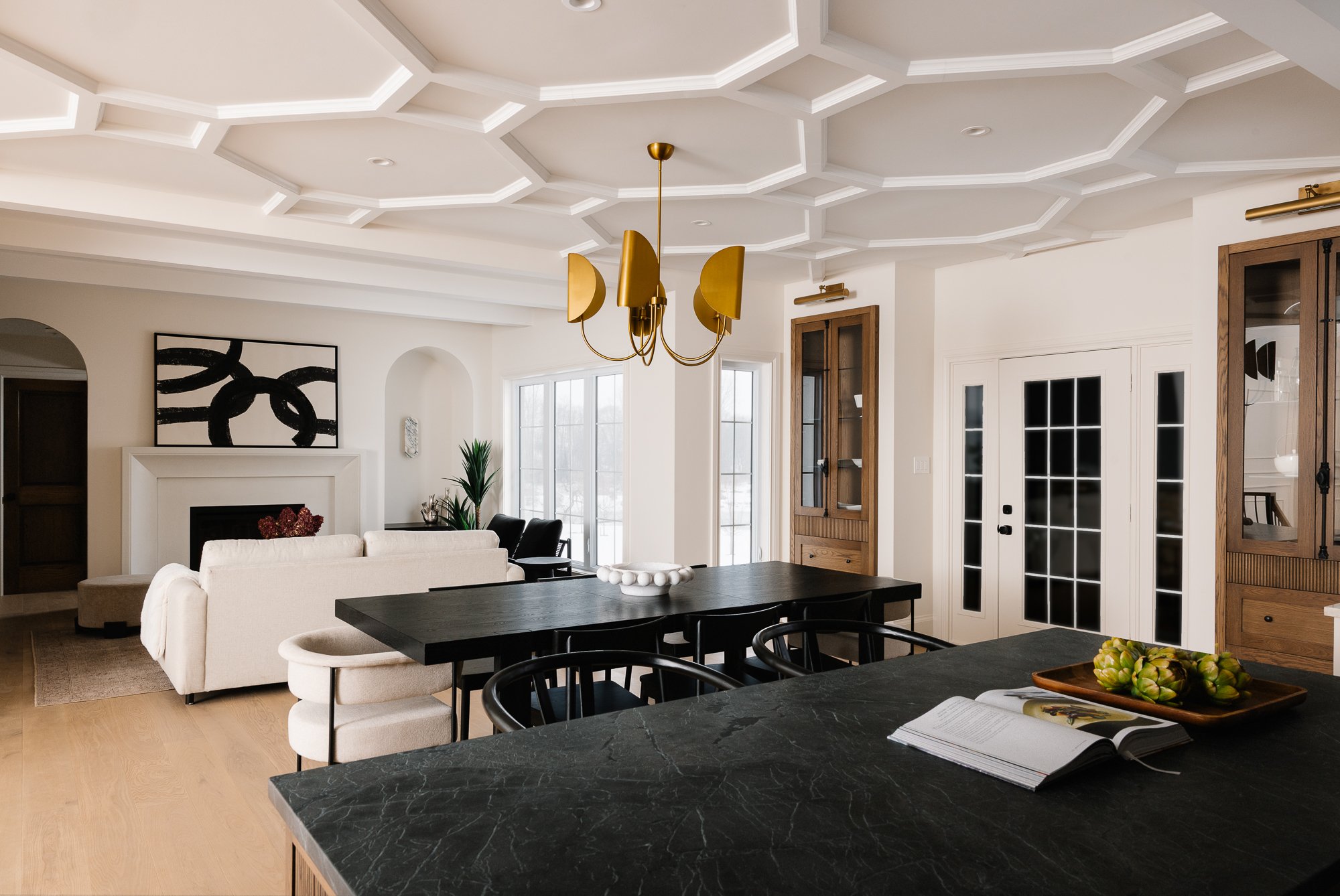 Thames Centre - Waubuno - Renovation - Elegant - Luxury - Dining - Kitchen - Coffered Ceiling - Custom Cabinetry - Full Height Living Room - Arched Doorways