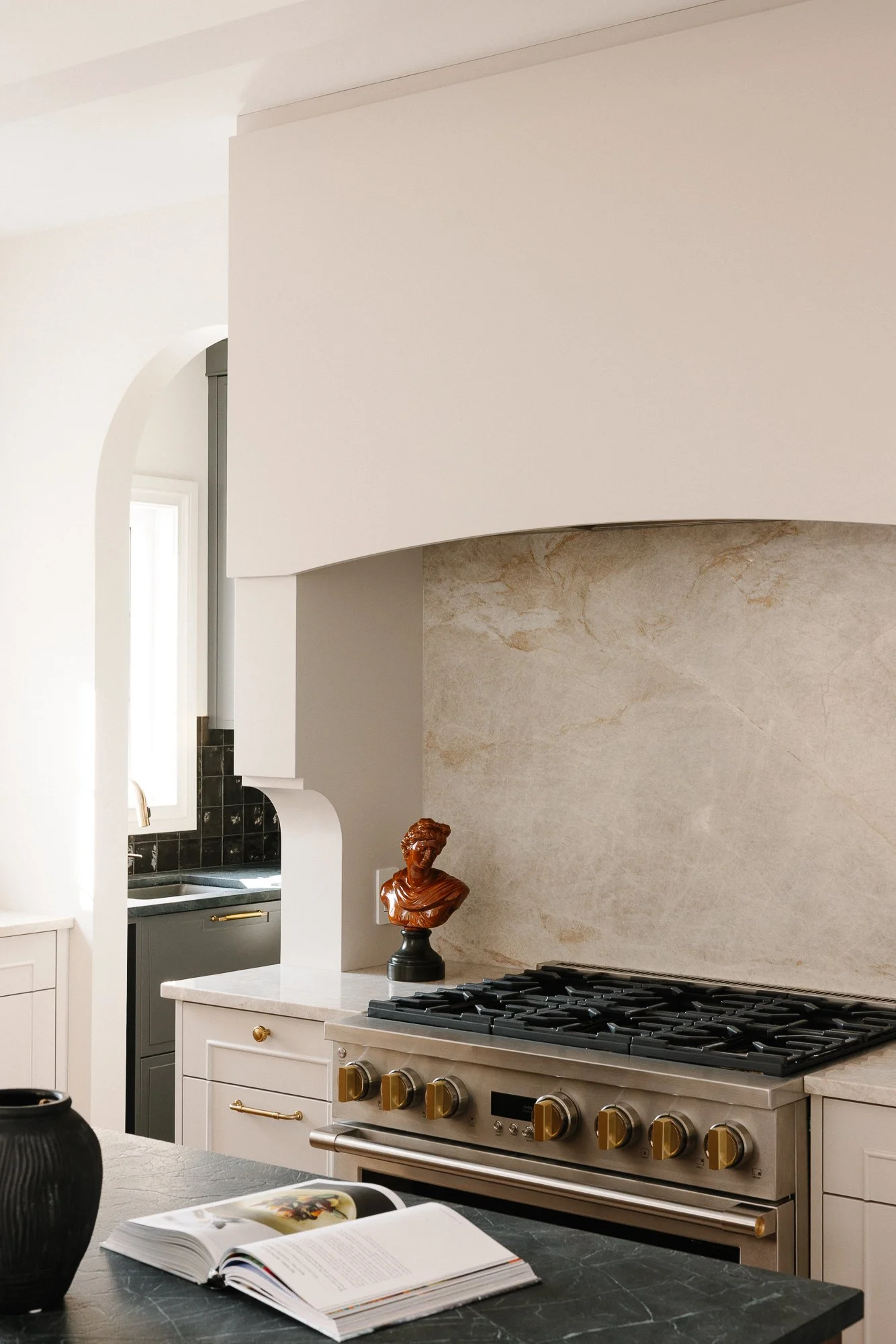 Thames Centre - Waubuno - Renovation - Elegant - Luxury - Dining - Kitchen - Coffered Ceiling - Custom Cabinetry - Full Height backsplash - Arched Doorways