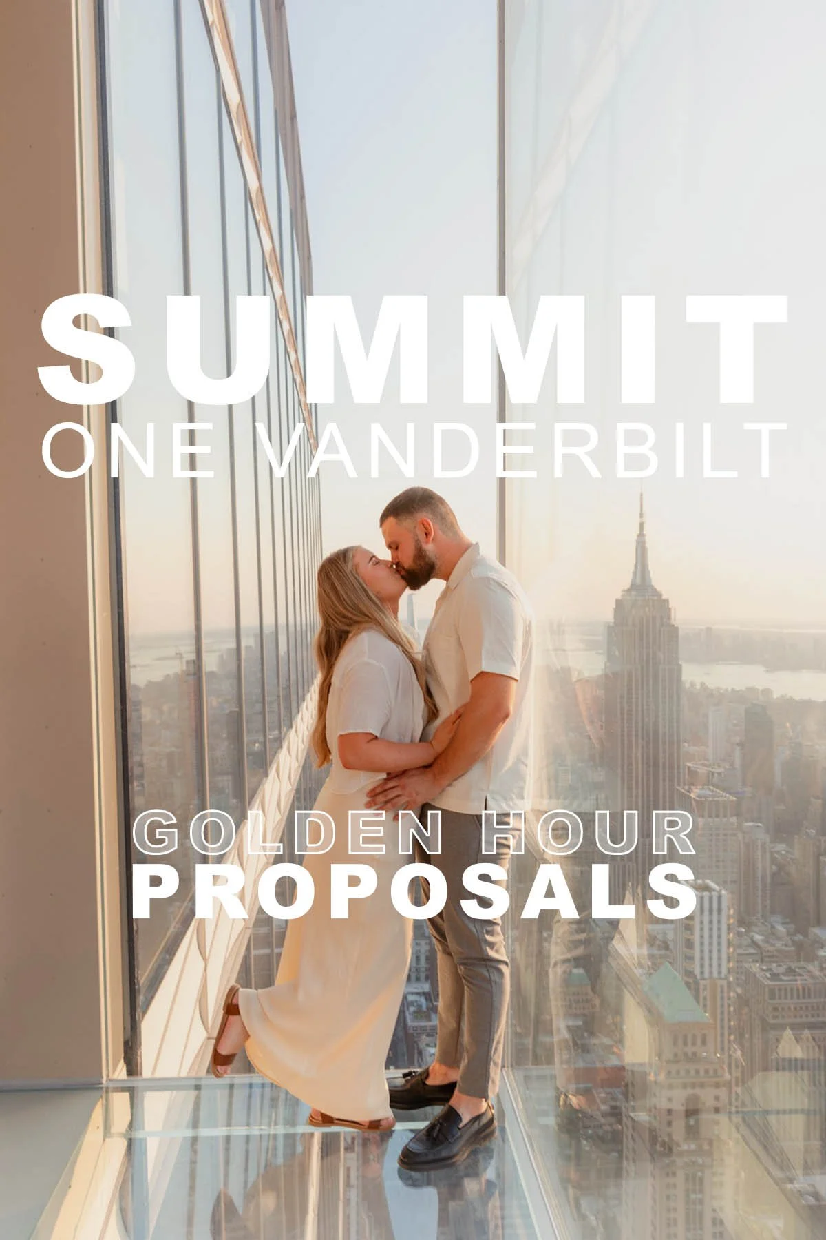 Golden hour proposal at SUMMIT One Vanderbilt with warm sunset light over the New York City skyline