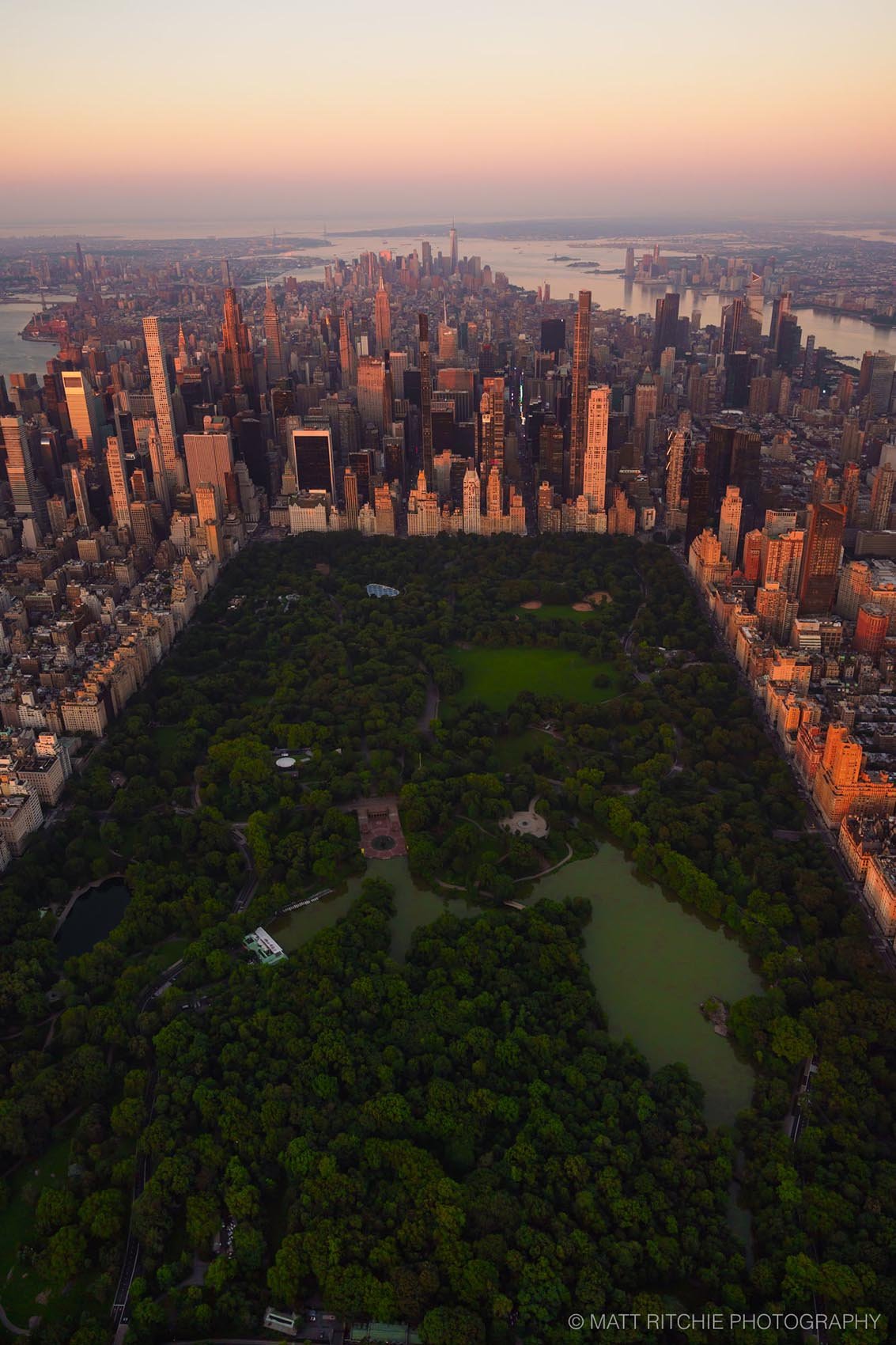 Central Park at sunrise seen from above during an NYC helicopter flight
