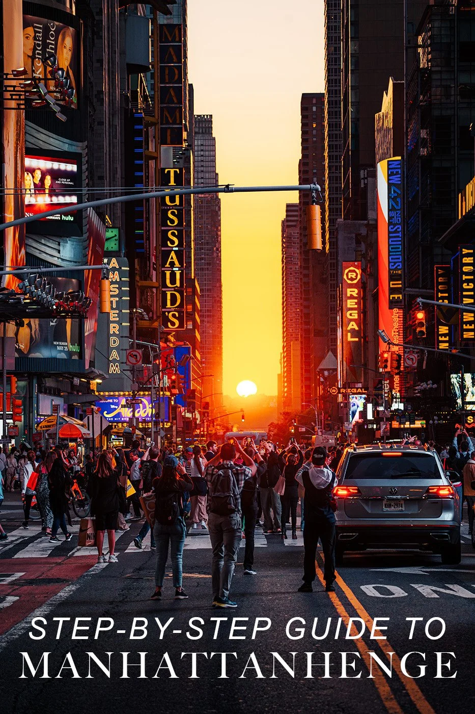 Manhattanhenge on 42nd Street with warm sunset light filling the street