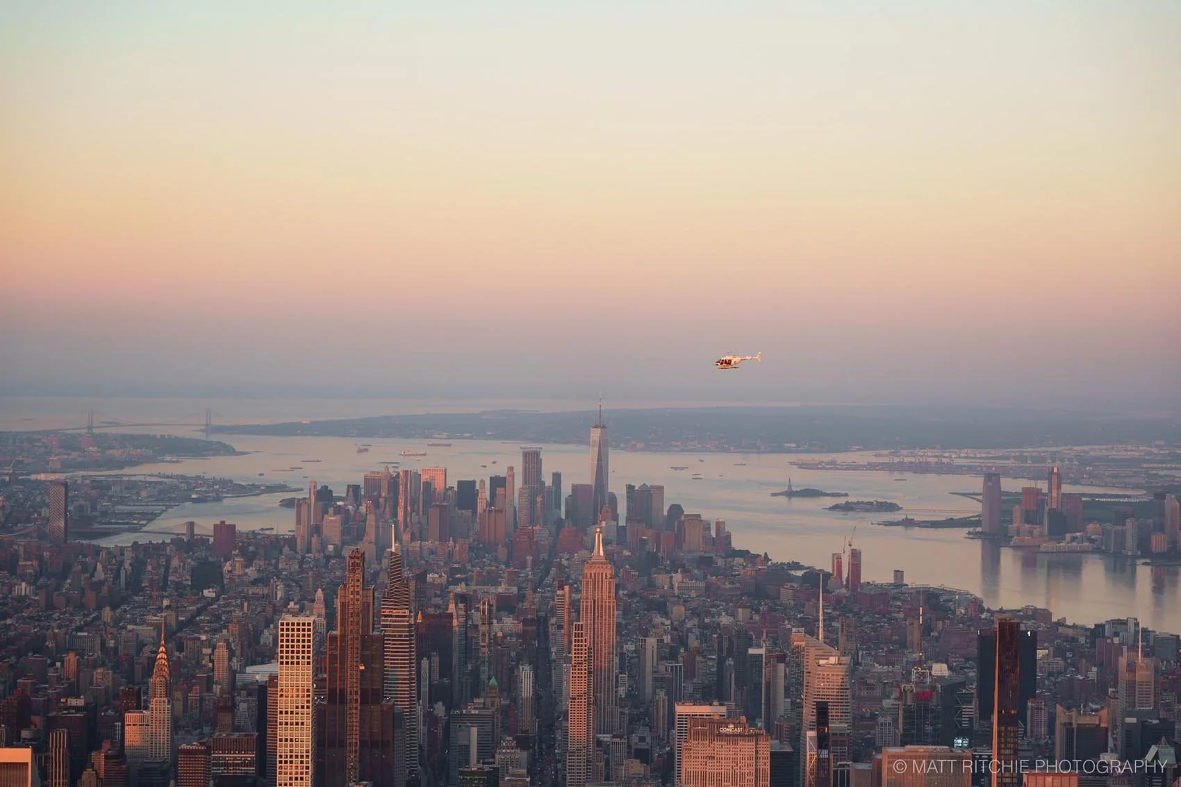 Aerial view of Manhattan at sunrise seen from above during a helicopter flight