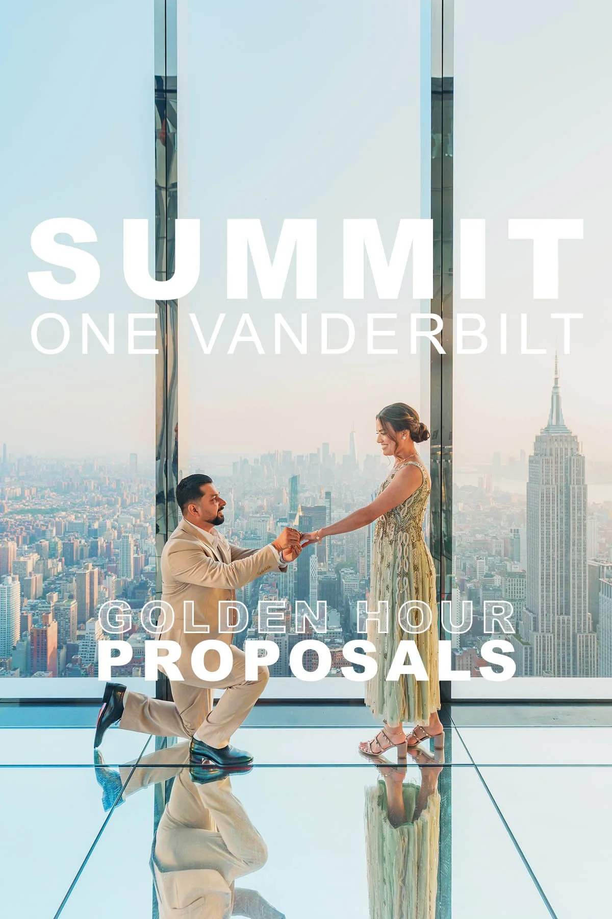 Couple proposing at SUMMIT One Vanderbilt during golden hour with Manhattan skyline glowing below