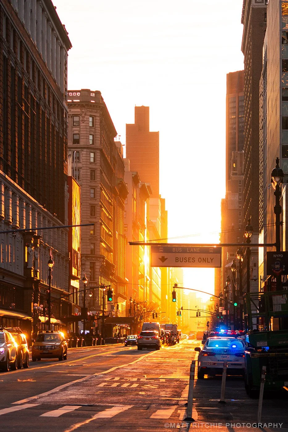 Reverse Manhattanhenge on 34th Street in Midtown Manhattan at sunrise