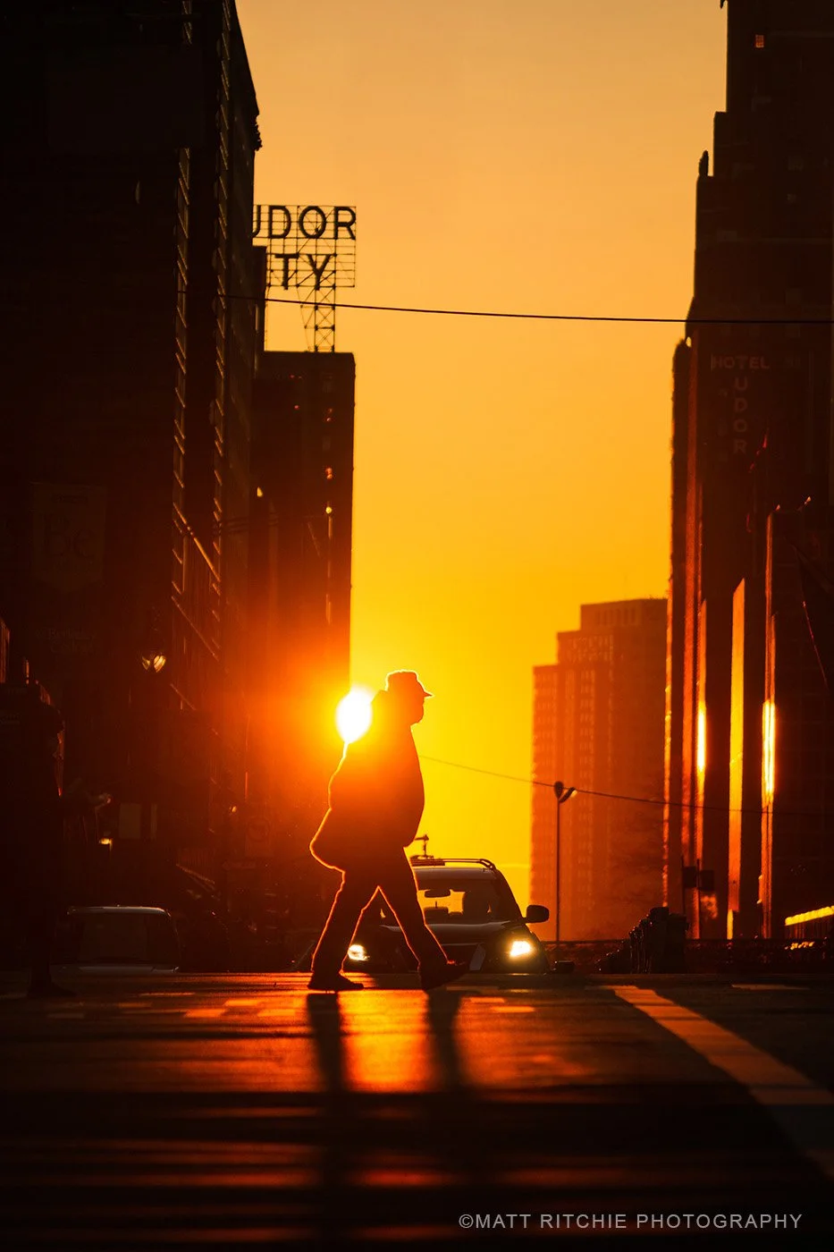 Reverse Manhattanhenge on 42nd Street with sunrise light filling the streets