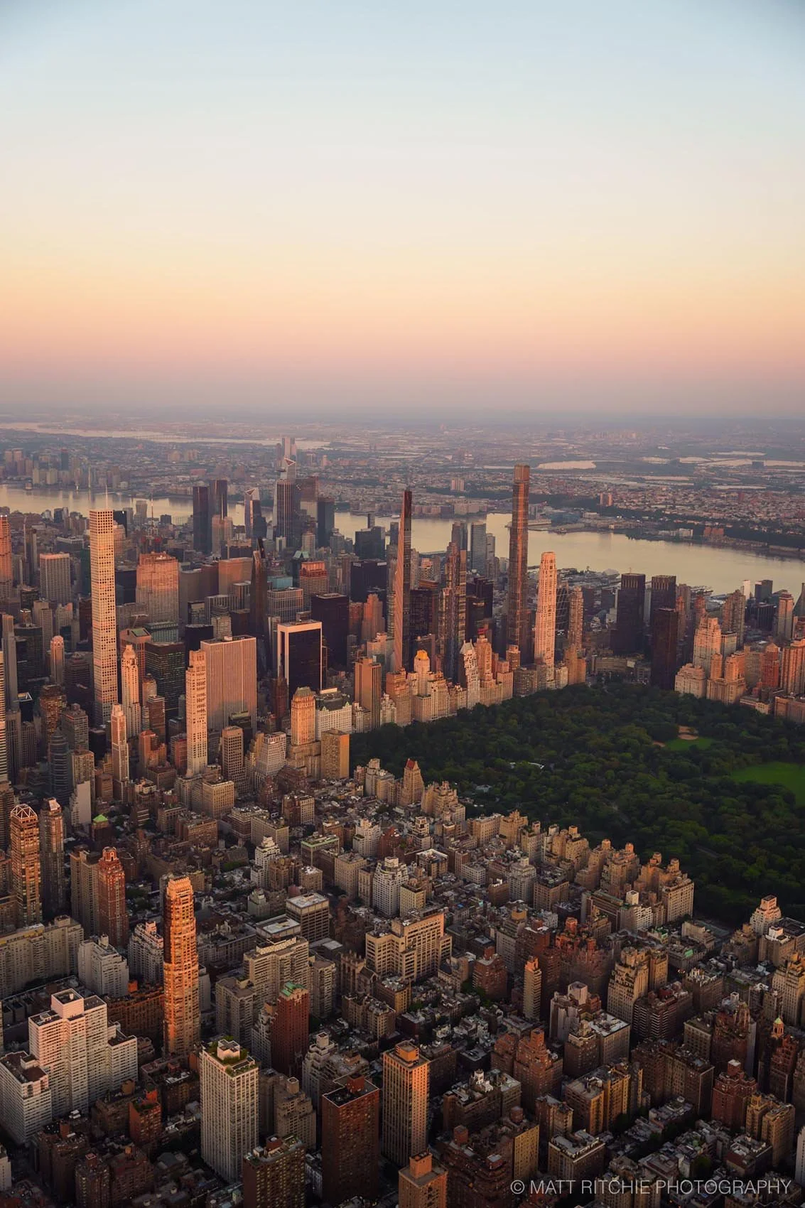 Aerial photography of Central Park in early morning light from a helicopter