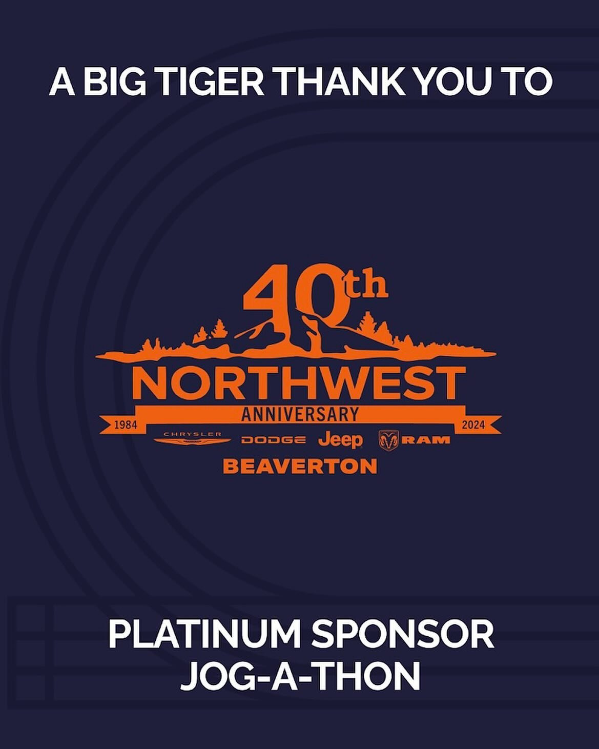 Another big shout out to a platinum Jog-A-Thon sponsor, NW Jeep. A close part of our Raleigh Park community and they're celebrating 40 years in Beaverton. Thank you for supporting our students! 🐅💙🧡