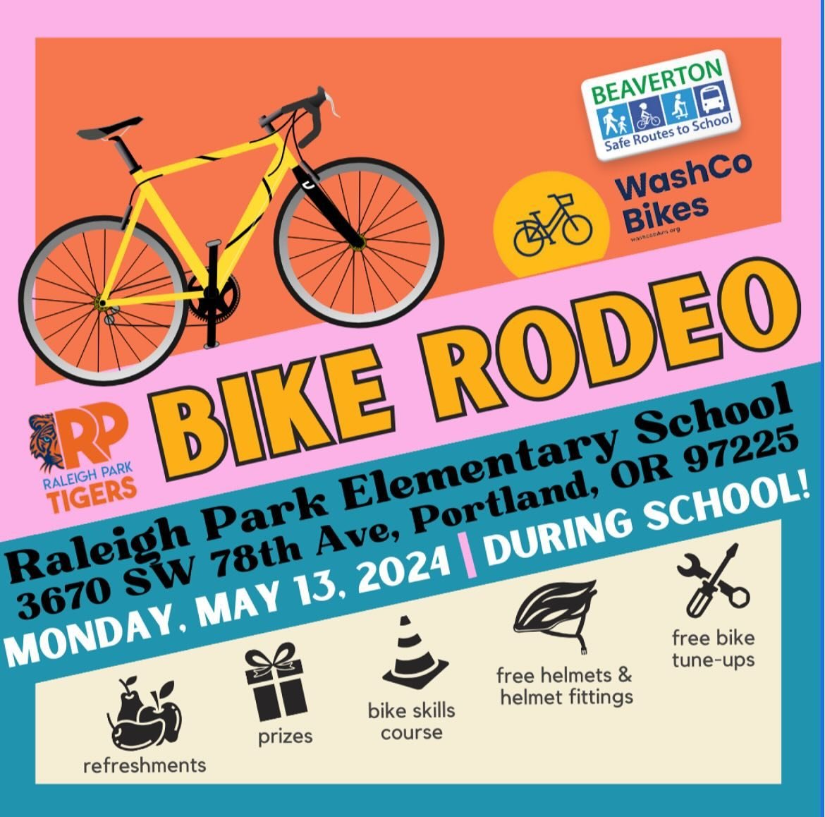 This coming Monday, May 13th is our 1st bike rodeo!!! 

Ride your bike and/or bring your helmet for a tune-up and helmet fitting.

Gear up for a wild ride at the Raleigh Park Elementary Bike Rodeo! Students, bring your bikes and helmets (bikes and he
