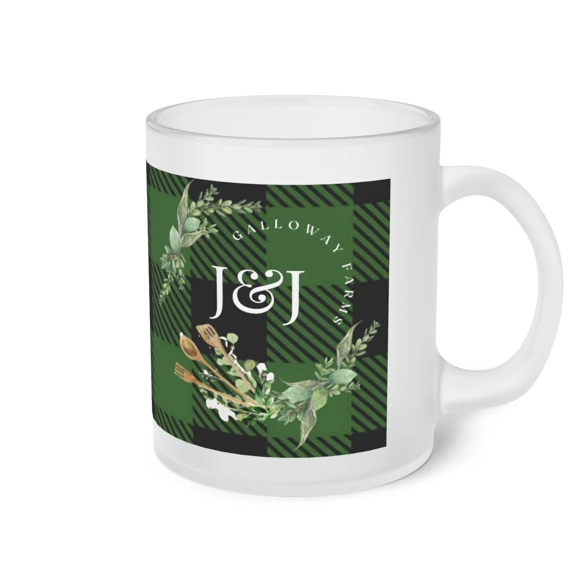 Frosted Green and Black Buffalo Plaid J&J Galloway Farms Glass Mug