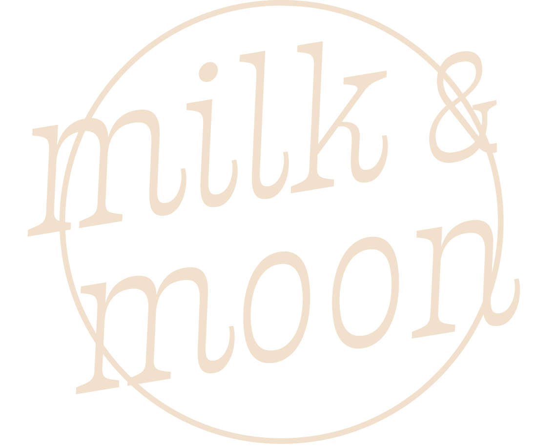 Text says "milk & moon" inside a circle on a black background.