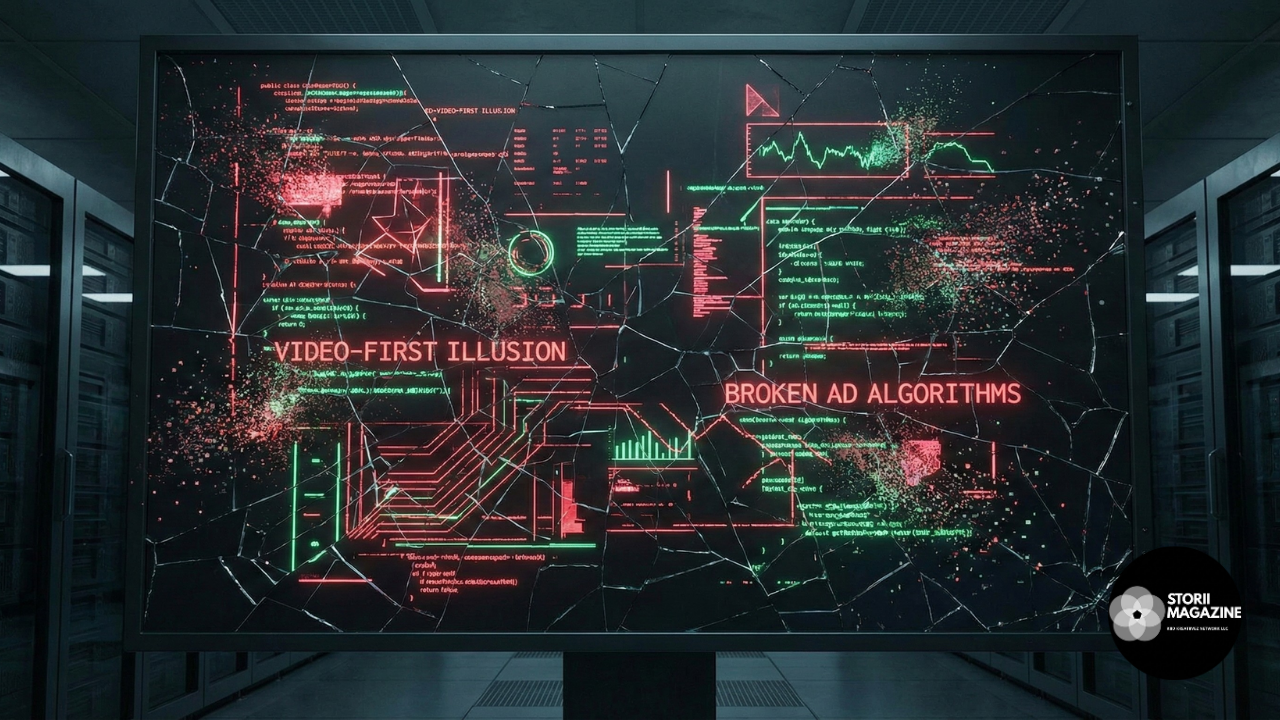 Red and green data charts crumbling on a cracked digital monitor, representing the failure of corporate podcast metrics.