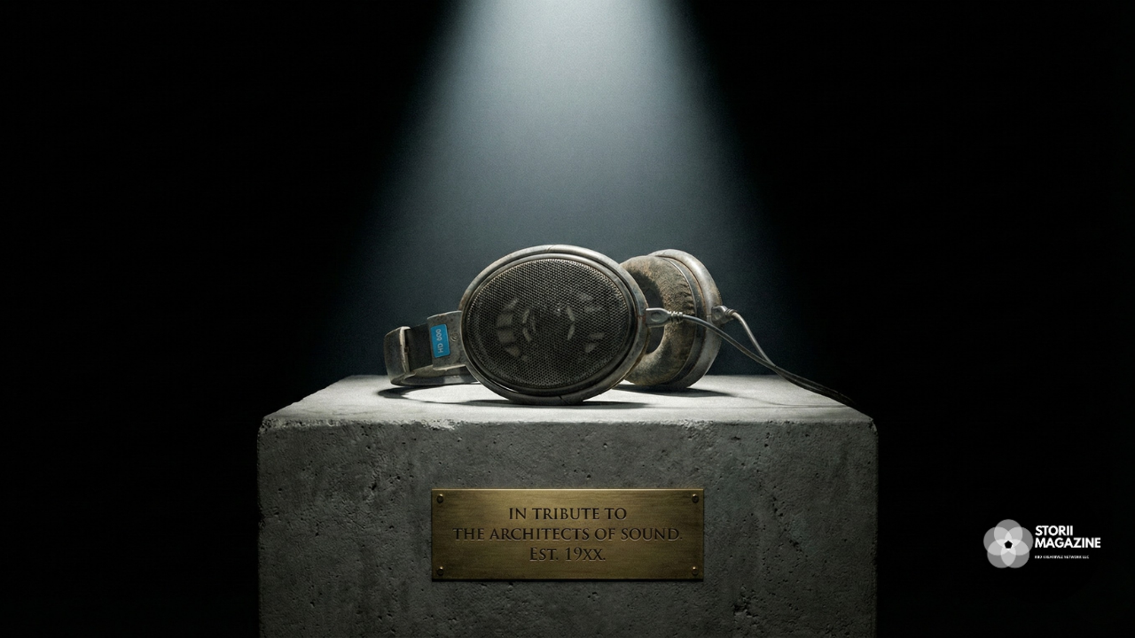 Classic studio headphones resting on a concrete pedestal under a single light in a pitch-black room.