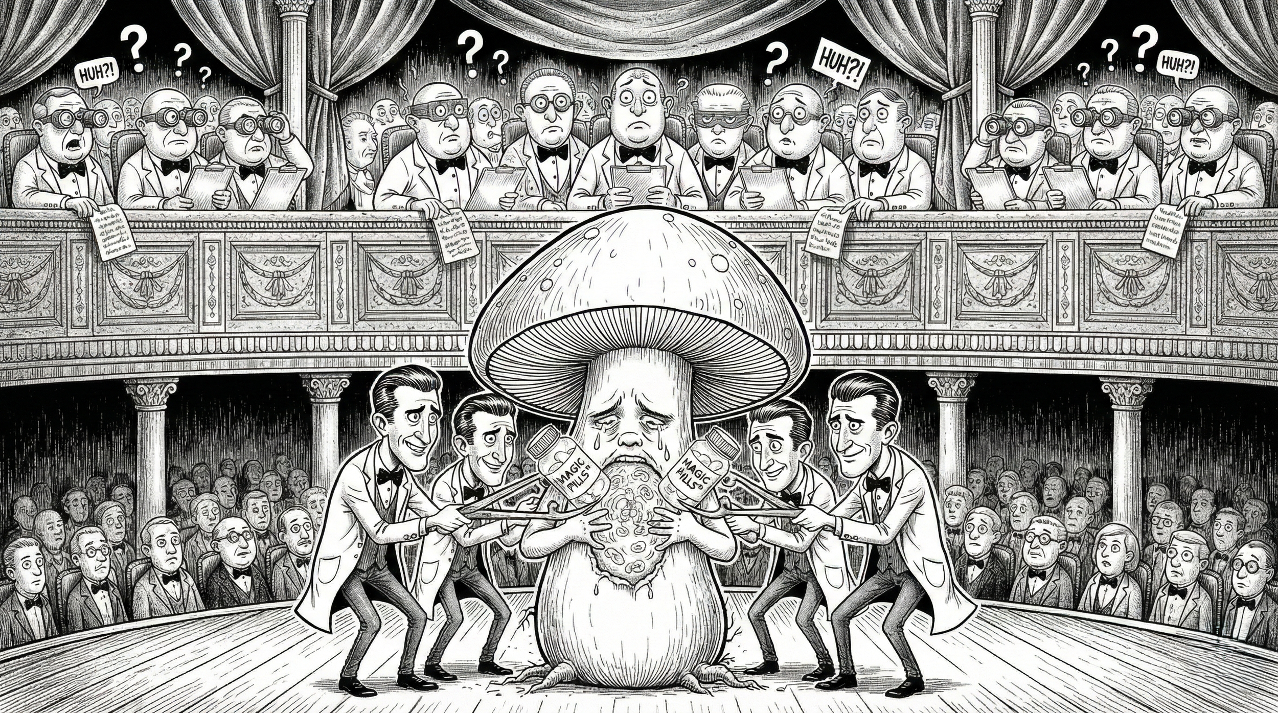 Political cartoon showing biotech bros gentrifying magic mushrooms while FDA regulators feign ignorance in the background.