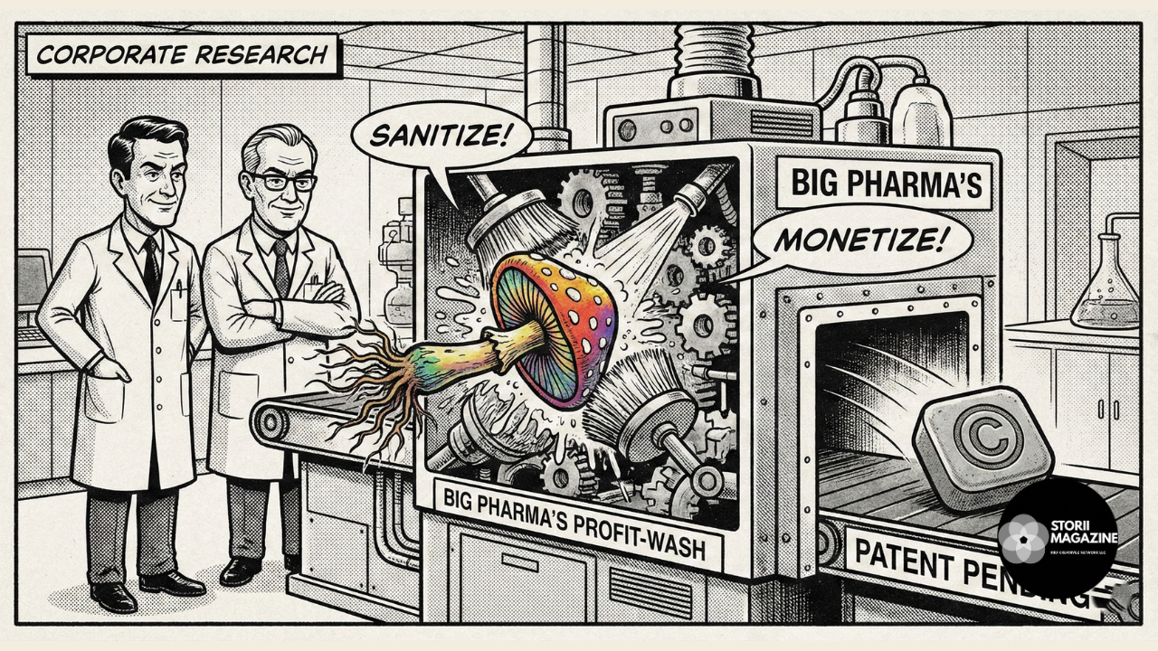 Editorial cartoon showing the clinical sterilization and copyrighting of natural psychedelics.