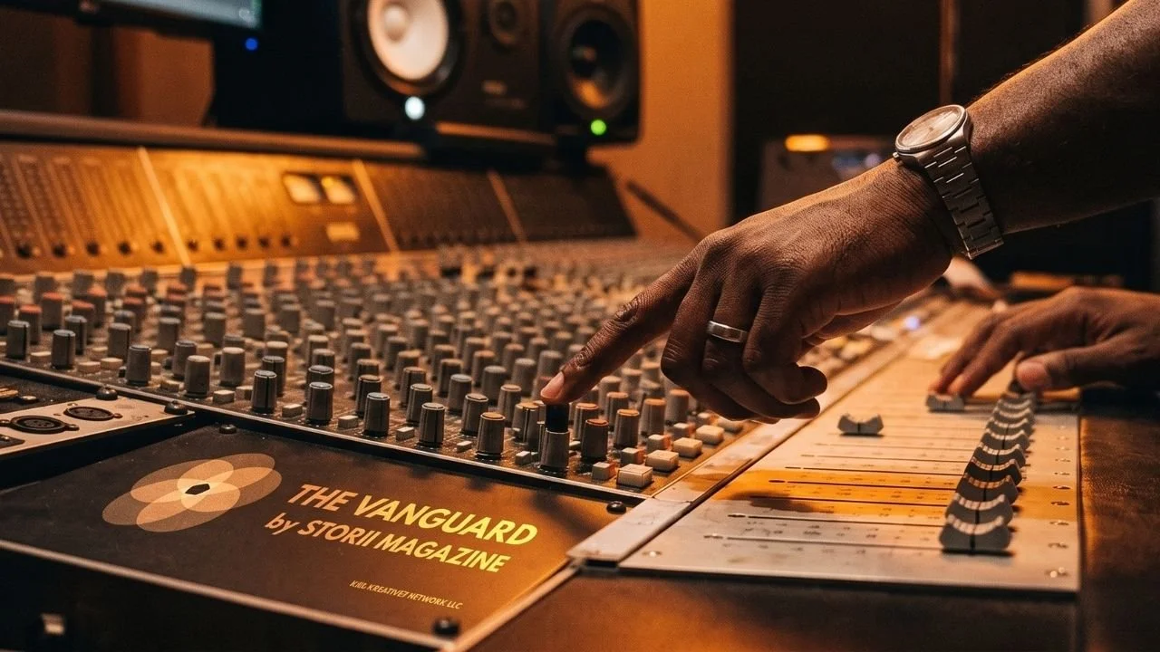 Close up of a music producer's hands operating a high-end analog mixing console in a dimly lit studio.