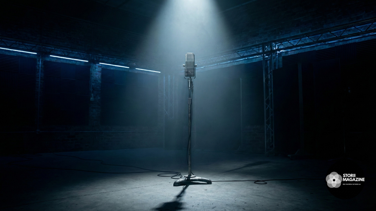 A single microphone under a white spotlight in a dark, industrial room, symbolizing authentic podcasting.