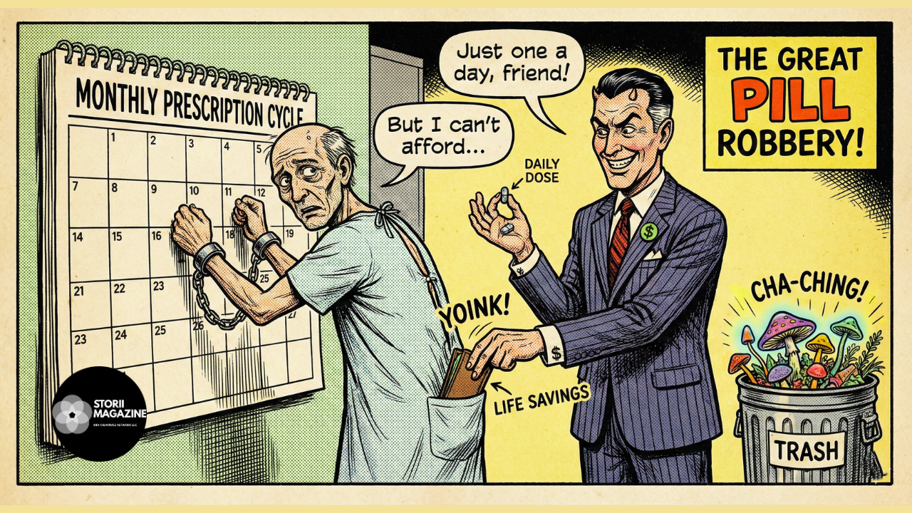 Political cartoon of Big Pharma keeping a patient on a monthly subscription model instead of a one-time cure.