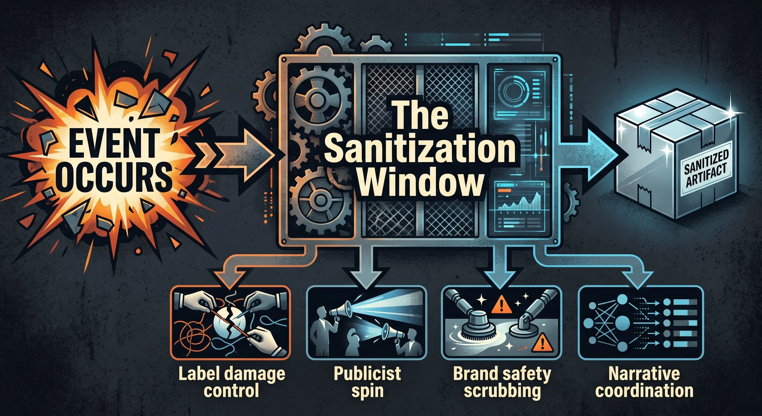 A diagram showing an EVENT OCCURS leading into The Sanitization Window, which processes it into a SANITIZED ARTIFACT.
