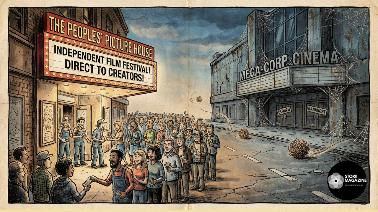 Political cartoon showing a bustling, independent, community-owned movie theater with a long line of customers across the street from an abandoned, empty corporate multiplex cinema.