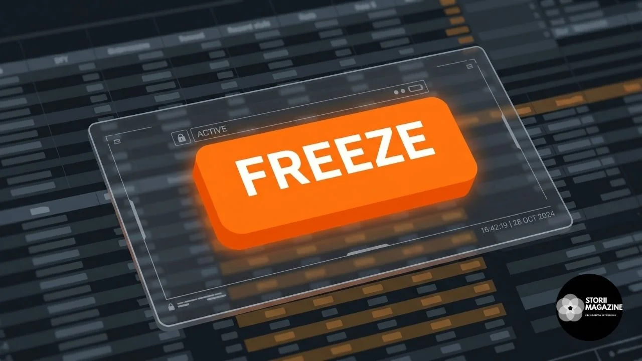 A digital interface showing a glowing orange button that reads "FREEZE" over blurred data.