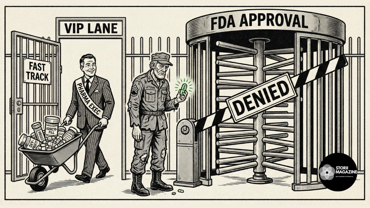 Satirical cartoon showing the FDA blocking psychedelic cures while waving through addictive opioids.