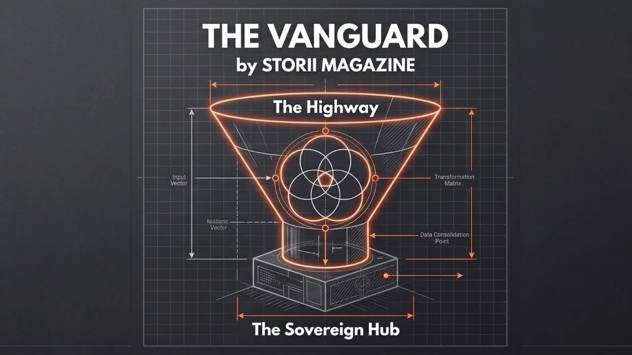 A dark blueprint-style graphic showing a funnel flowing from 'The Highway' into 'The Sovereign Hub'.