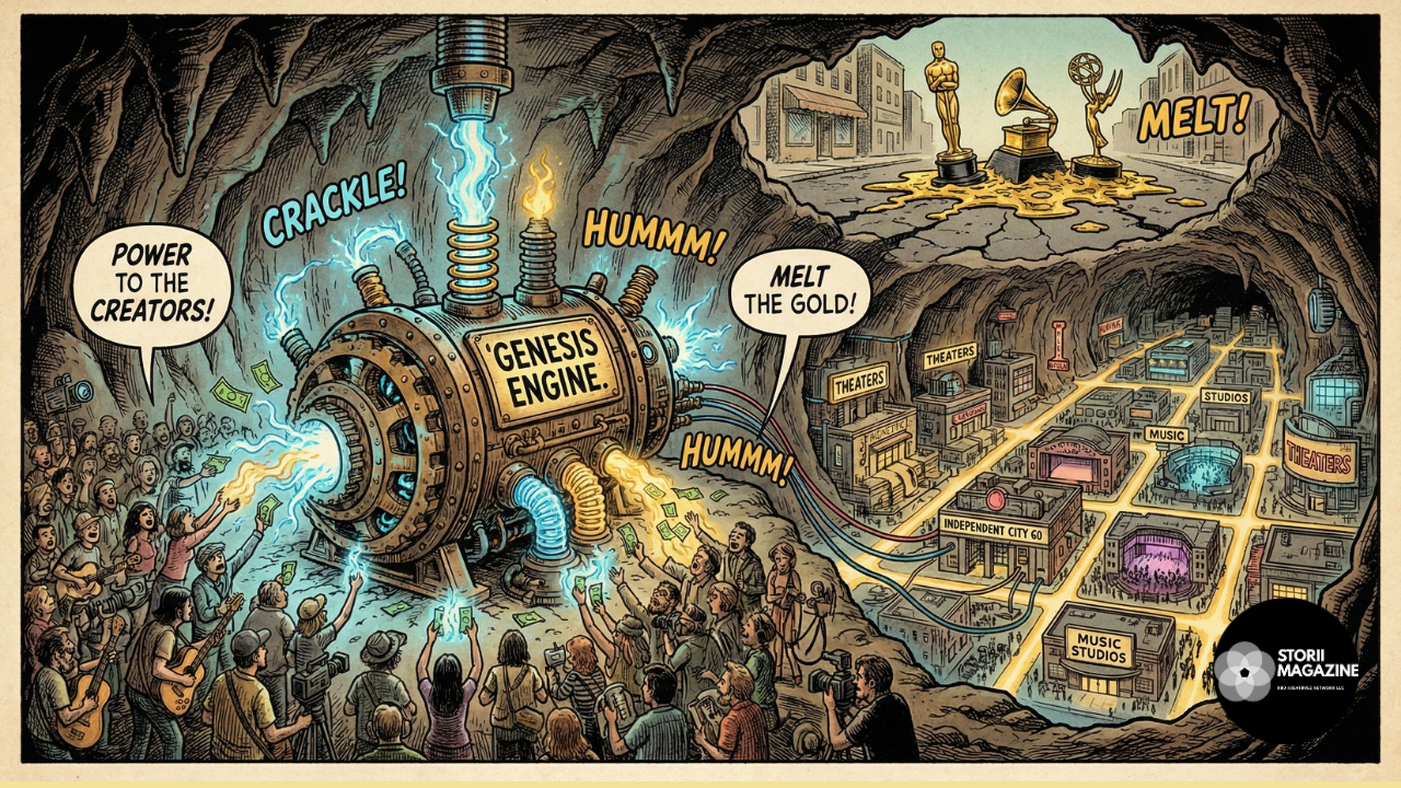 Satirical illustration of an underground arts festival where attendees fuel a massive "Genesis Engine" that powers an independent city, while corporate award statues melt above them.