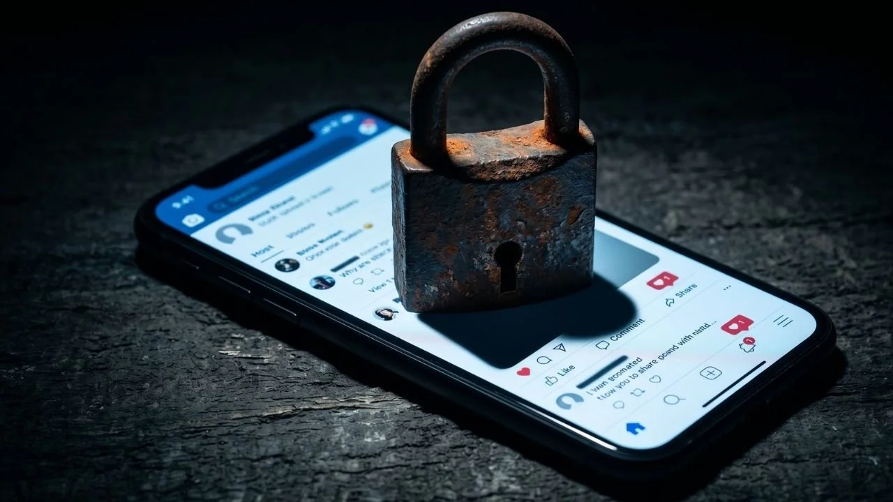 A heavy rusted padlock sitting on top of a glowing smartphone.